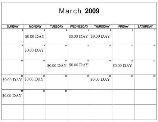 blank calendar march. for the month of March;